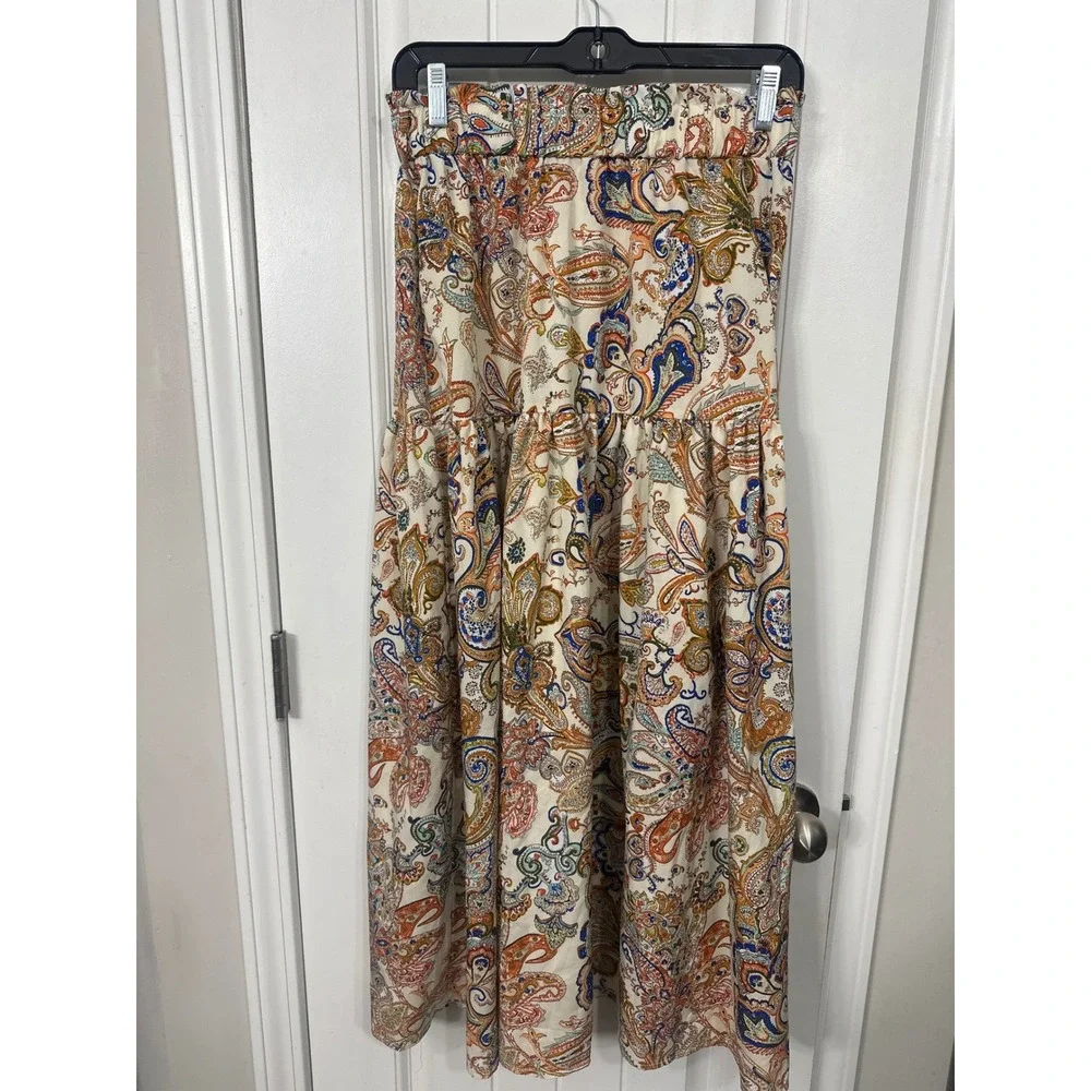 Paisley Tiered Maxi Skirt Womens Medium Boho Earthy Whimsy Elastic Waist Cream